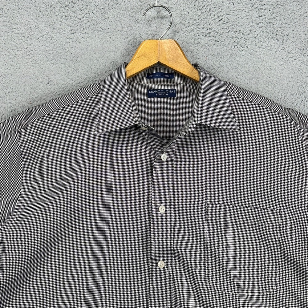 Grant Thomas Mens Button Up Shirt XL Black White Houndstooth 2 Ply Cotton Pocket